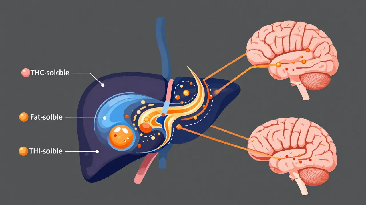 Illustration of liver and brain showing competing metabolic pathways