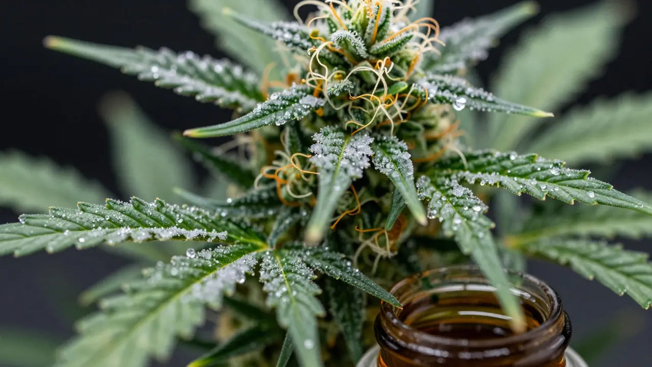 Makroaufnahme gefrorener Cannabispflanzen mit Eiskristallen auf den Trichomen