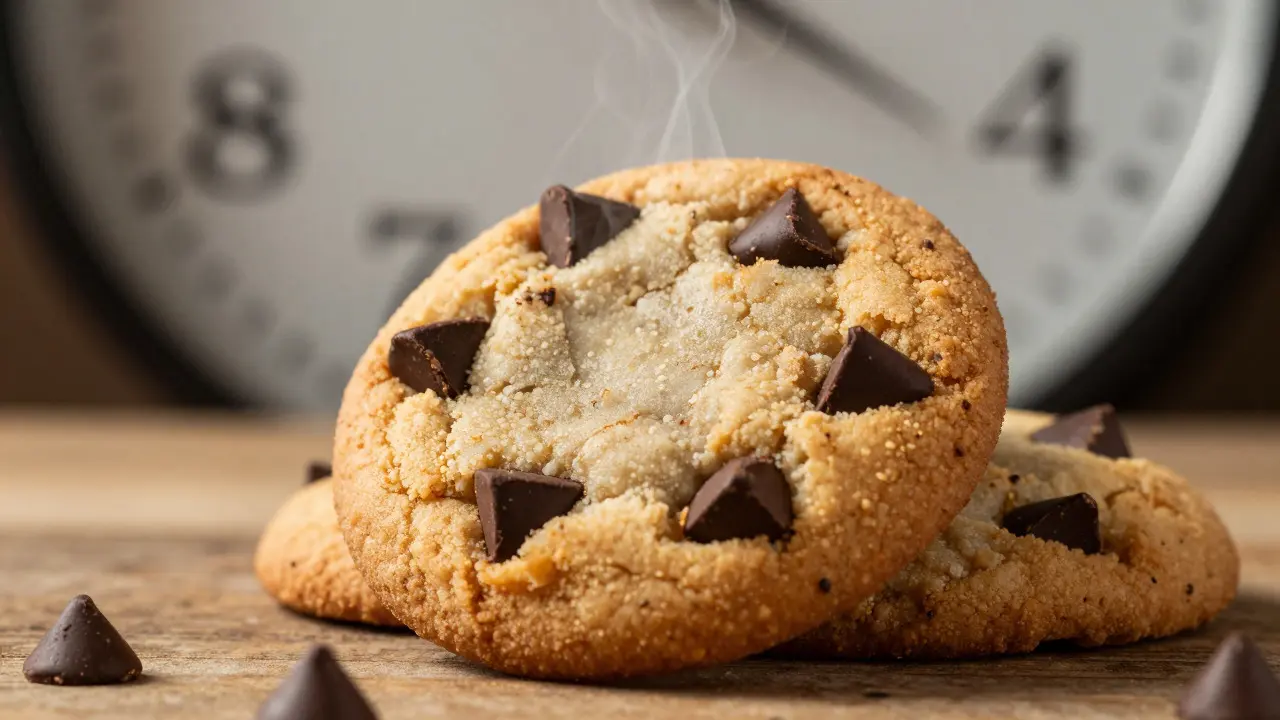 Nahaufnahme eines Schokocookies auf Holz mit dezentem Zeitverlauf im Hintergrund