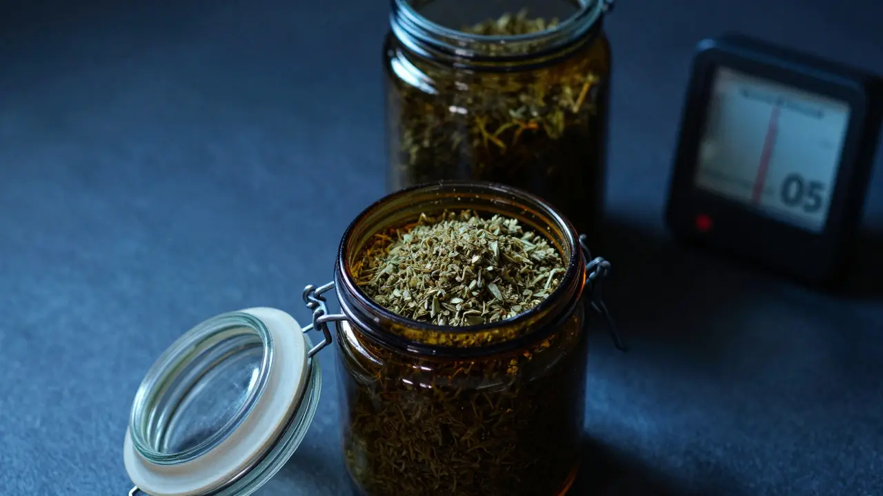 Offenes und geschlossenes Glas mit gemahlenem Cannabis zur richtigen Lagerung