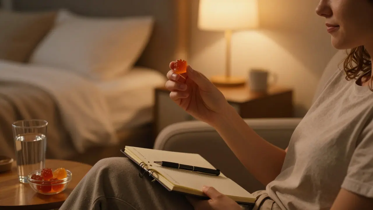 Person entspannt sich abends im Sessel und hält einen CBD-Gummy neben einem Notizbuch