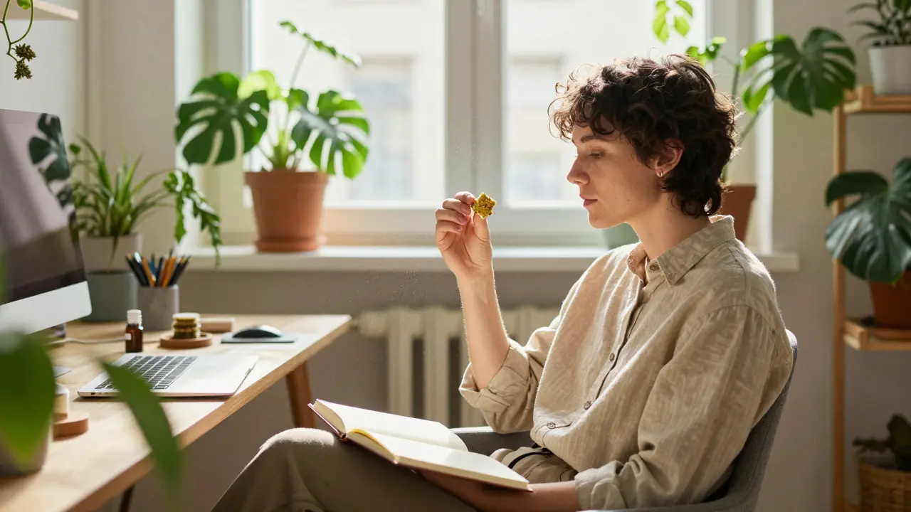 Person im entspannten Homeoffice mit Cannabis-Edible