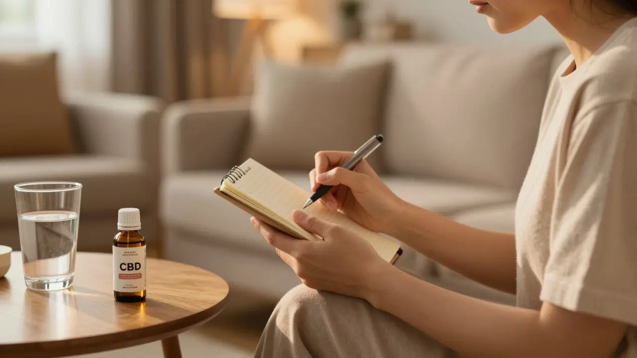 Person tracking their CBD usage in a notebook in a cozy room