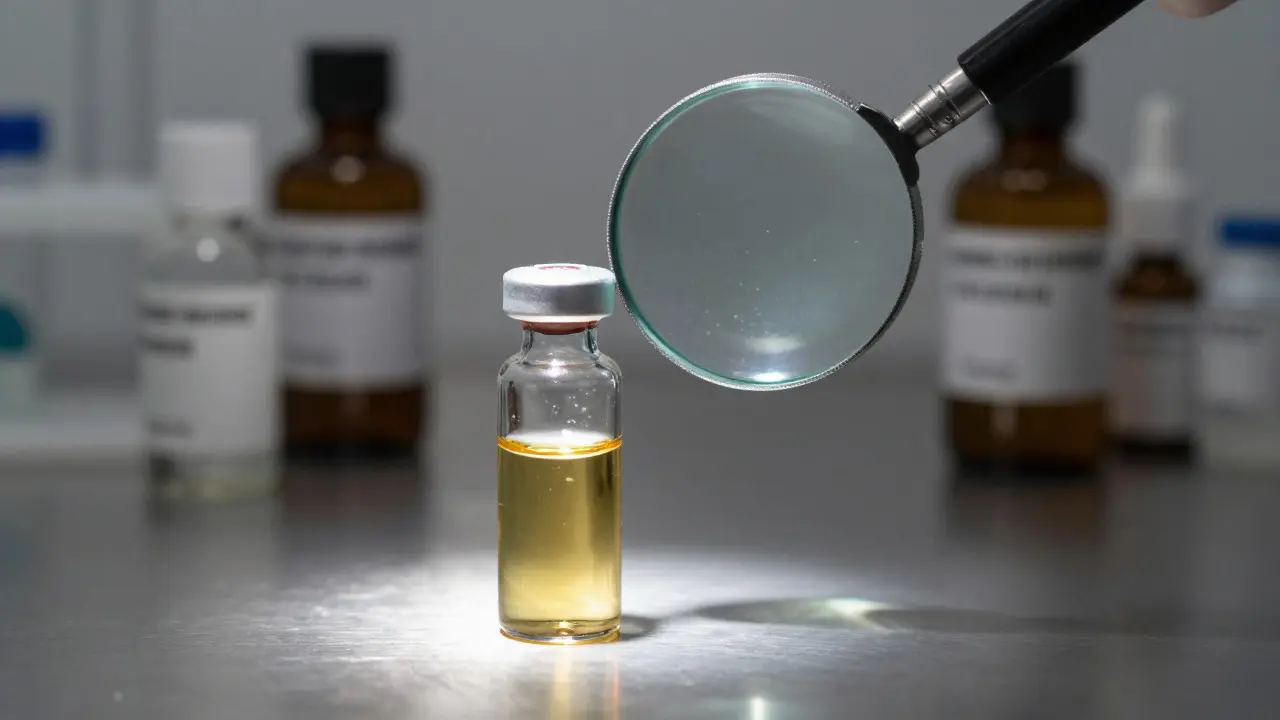 Reines Produkt in einer Glasflasche vor unscharfen, minderwertigen Alternativen