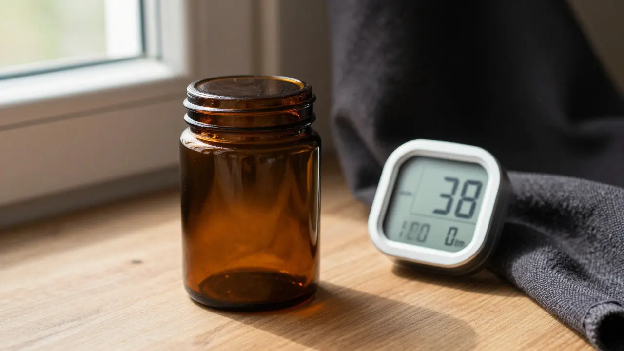 Richtige Lagerung von CBD in dunkler Flasche vor Licht und Feuchtigkeit
