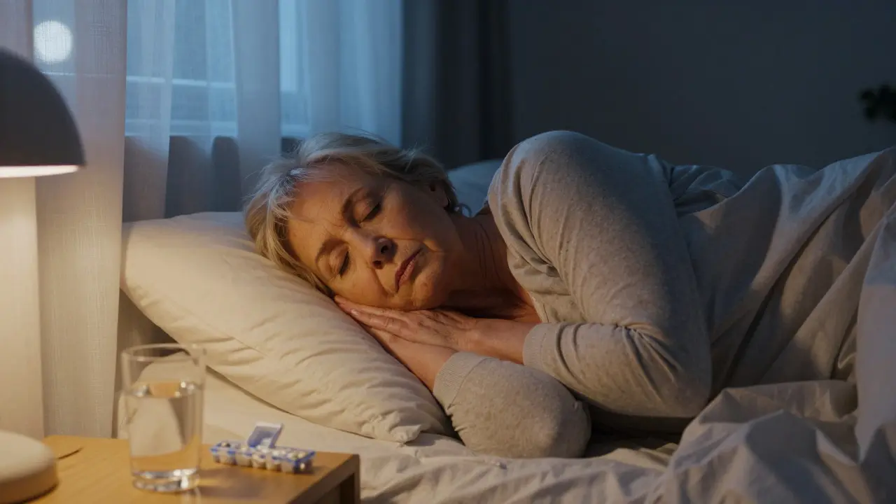 Ruhig schlafende Seniorin mit Medikamentendose am Nachttisch