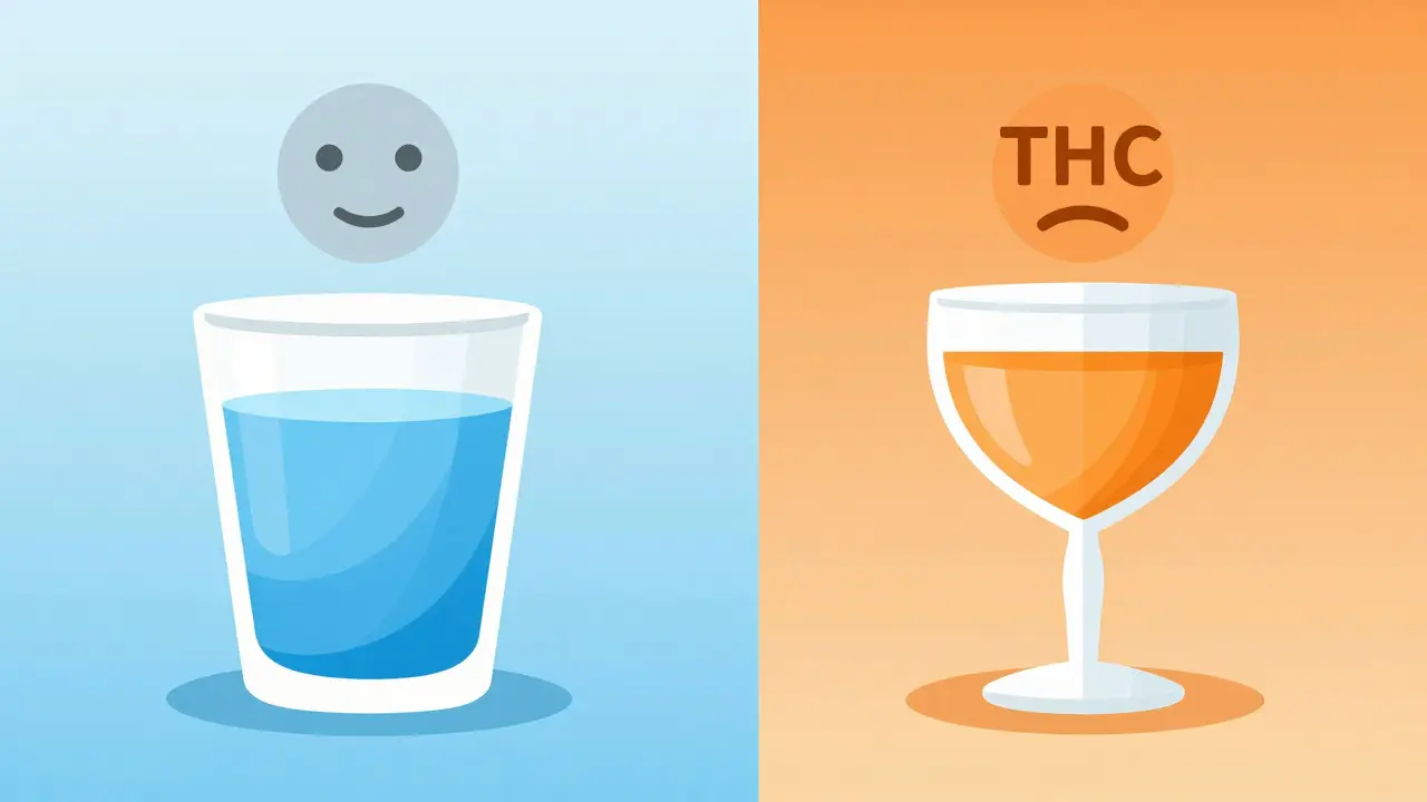 Vektorgrafik: Wasserglas für CBD vs. Cocktailglas für THC zur Erklärung der Wirkung