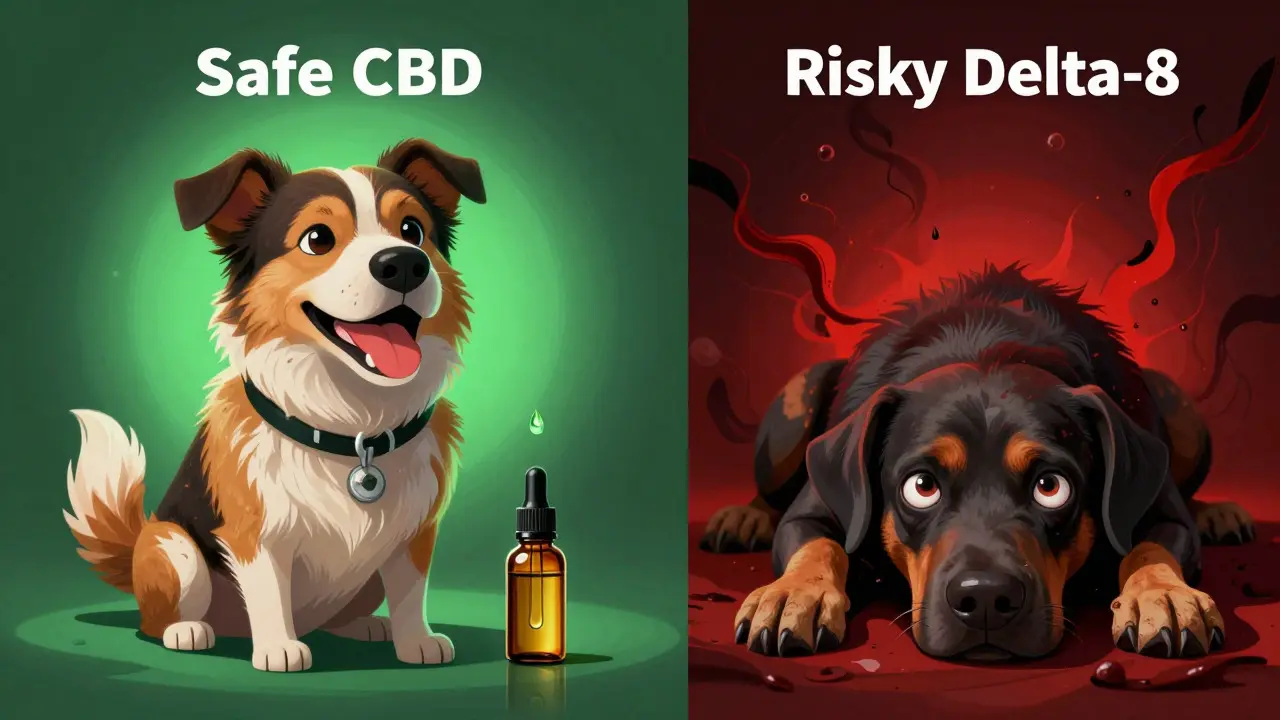 Vergleich gesunder Hund mit CBD und kranker Hund mit Delta-8-Vergiftung